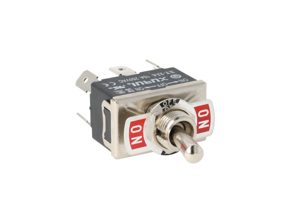 XT-23A — INTERRUPTORES DE PALANCA 6 TERMINALES, Número de polos: 2  Posiciones: ON-OFF-ON  Capacidad: 20/15A  125/277VAC  2HP 125/277VAC1.5HP   125/277VAC para un pulso momentaneo Terminales: 6 lenguetas de 6.3mm  Montaje: Diametro 12mm  Certificados: UL1054    E200089