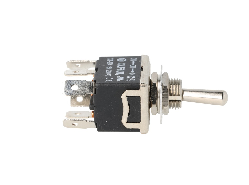 XT-23A — INTERRUPTORES DE PALANCA 6 TERMINALES, Número de polos: 2  Posiciones: ON-OFF-ON  Capacidad: 20/15A  125/277VAC  2HP 125/277VAC1.5HP   125/277VAC para un pulso momentaneo Terminales: 6 lenguetas de 6.3mm  Montaje: Diametro 12mm  Certificados: UL1054    E200089