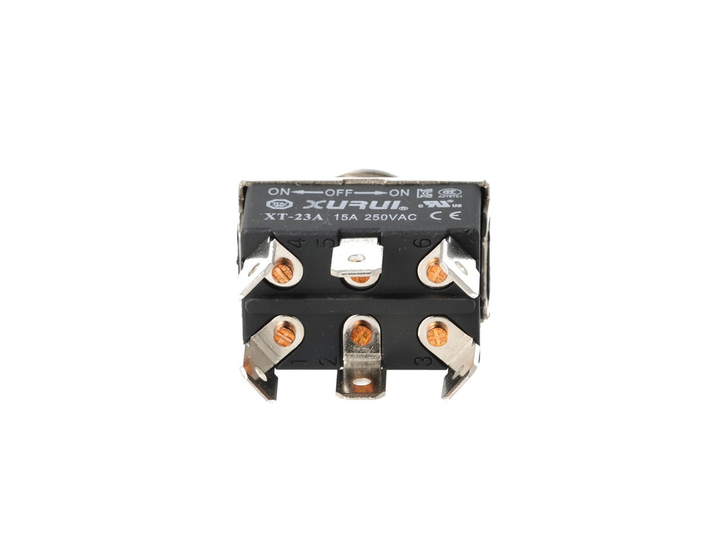 XT-23A — INTERRUPTORES DE PALANCA 6 TERMINALES, Número de polos: 2  Posiciones: ON-OFF-ON  Capacidad: 20/15A  125/277VAC  2HP 125/277VAC1.5HP   125/277VAC para un pulso momentaneo Terminales: 6 lenguetas de 6.3mm  Montaje: Diametro 12mm  Certificados: UL1054    E200089