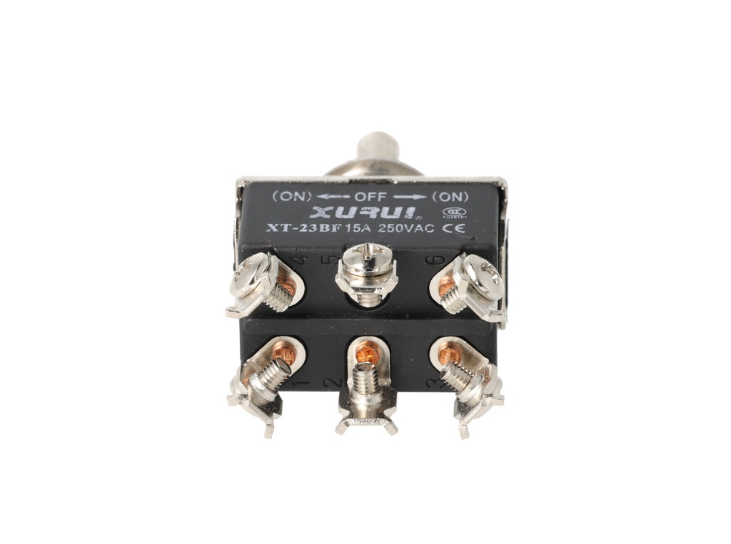 XT-23BF — INTERRUPTORES DE PALANCA 6 TORNILLOS Posiciones: PULS-OFF-PULS Capacidad: 20/15A 125/277VAC 