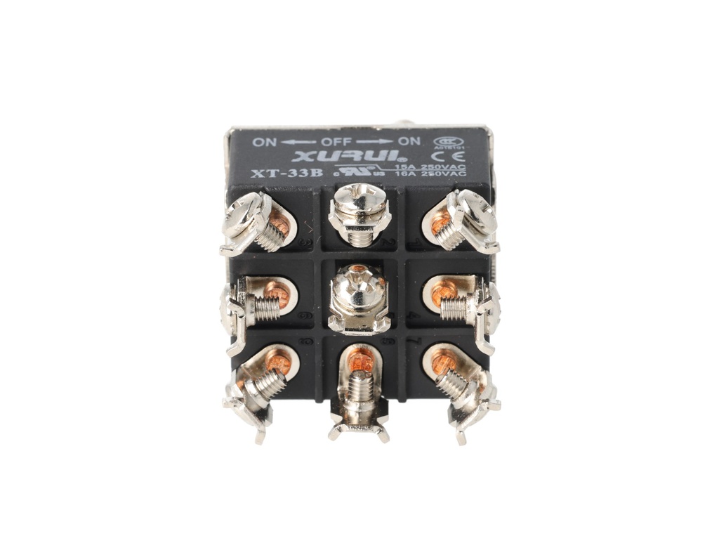 XT-33B — INTERRUPTORES DE PALANCA 9 TORNILLOS, Número de polos: 3  Posiciones: ON-OFF-ON  Capacidad: 20/15A  125/277VAC  2HP 125/277VAC 1.5HP   125/277VAC para un pulso momentaneo Montaje: Diametro 12mm Certificados: UL1054    E200089