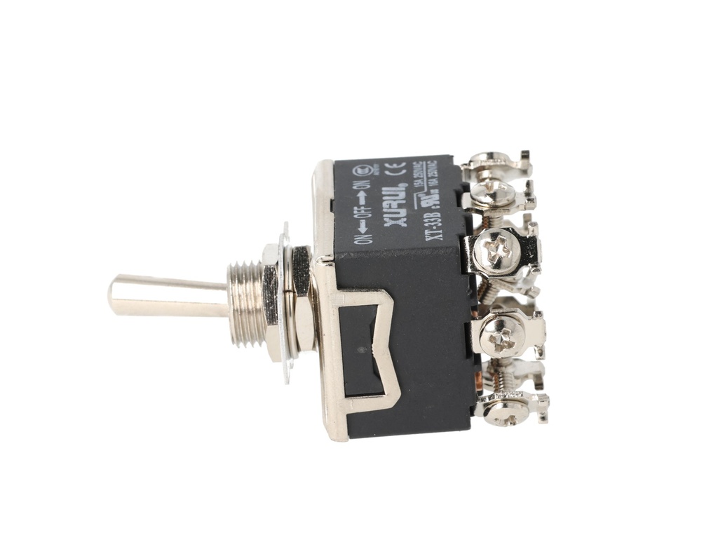 XT-33B — INTERRUPTORES DE PALANCA 9 TORNILLOS, Número de polos: 3  Posiciones: ON-OFF-ON  Capacidad: 20/15A  125/277VAC  2HP 125/277VAC 1.5HP   125/277VAC para un pulso momentaneo Montaje: Diametro 12mm Certificados: UL1054    E200089