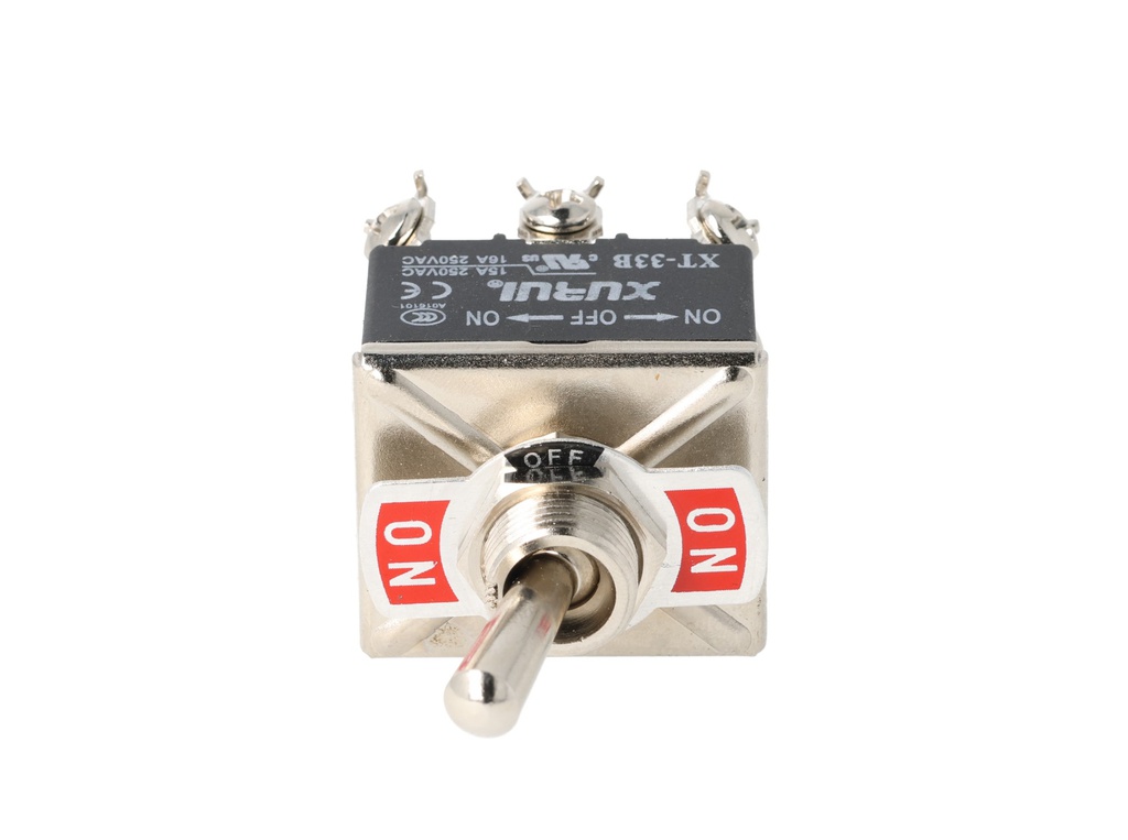 XT-33B — INTERRUPTORES DE PALANCA 9 TORNILLOS, Número de polos: 3  Posiciones: ON-OFF-ON  Capacidad: 20/15A  125/277VAC  2HP 125/277VAC 1.5HP   125/277VAC para un pulso momentaneo Montaje: Diametro 12mm Certificados: UL1054    E200089