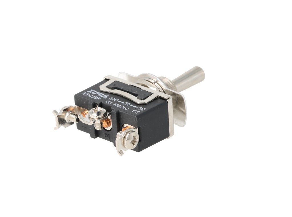 XT-13BF — INTERRUPTORES DE PALANCA C/ TORNILLOS, Número de polos: 1  Posiciones: PULS-OFF-PULS  Capacidad: 20/15A  125/277VAC  2HP 125/277VAC  1.5HP   125/277VAC para un pulso momentaneo Tornillos: 3  Montaje: Diametro 12mm