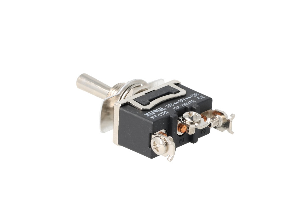 XT-13BF — INTERRUPTORES DE PALANCA C/ TORNILLOS, Número de polos: 1  Posiciones: PULS-OFF-PULS  Capacidad: 20/15A  125/277VAC  2HP 125/277VAC  1.5HP   125/277VAC para un pulso momentaneo Tornillos: 3  Montaje: Diametro 12mm