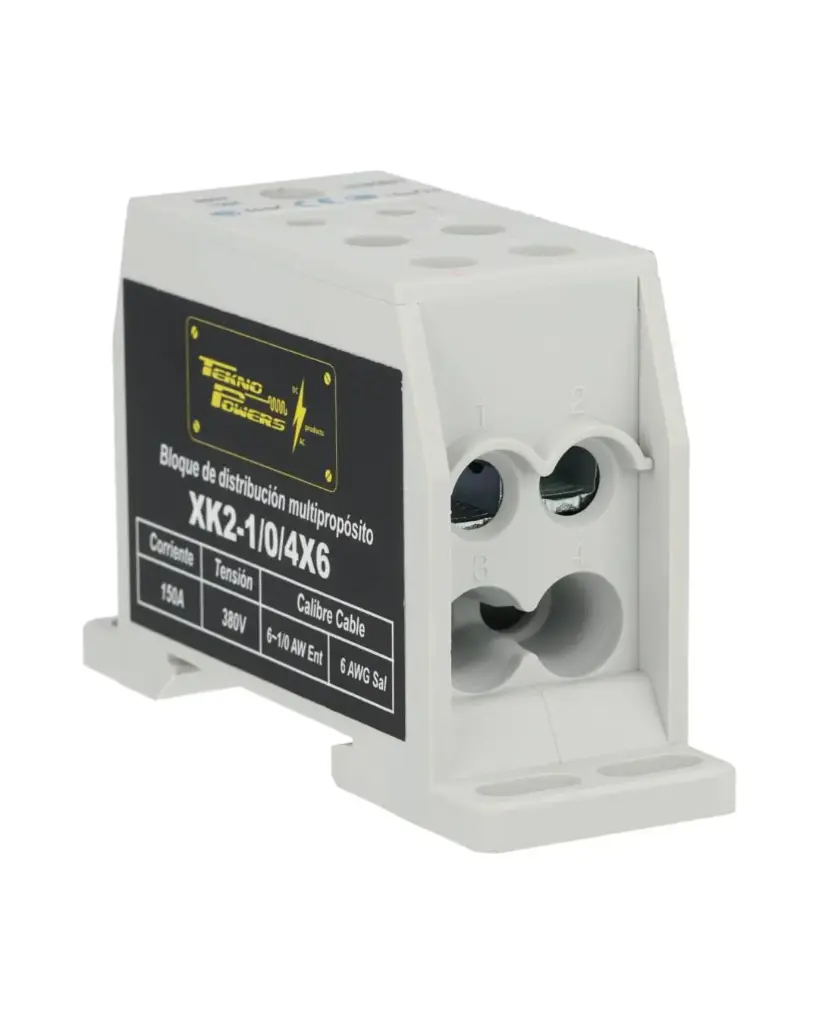 XK2-1/0/4X6 — BLOQUE DE DISTRIBUCION MULTIPROPOSITO 150A MAX.4 CONDUCTORES, CALIBRE 6 AWG
