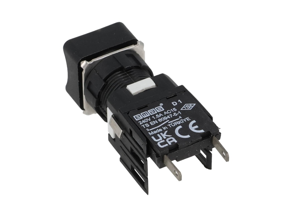 D100KDB — BOTON PULSADOR 16mm, NO ILUMINADO BLANCORASANTE MOMENTANEO CUADRADO, INCLUYE 1CON NA (MAXIMO 2 CONTACTOS) 