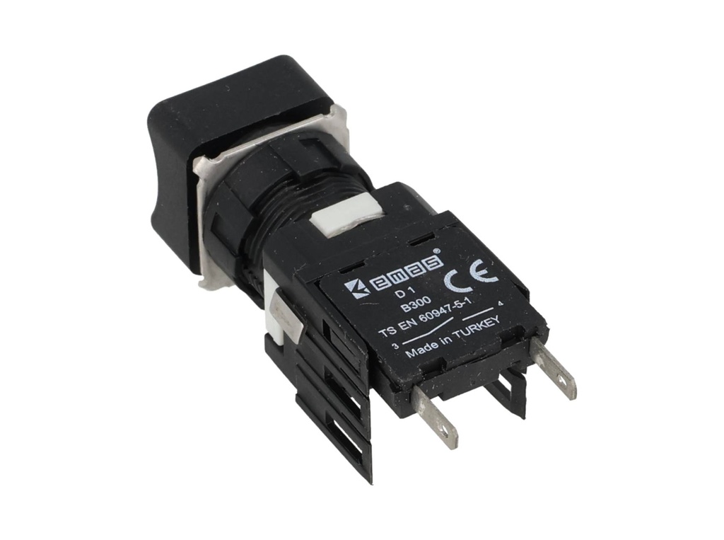 D100KDS — BOTON PULSADOR 16mm, NO ILUMINADO AMARILLO, RASANTE MOMENTANEO CUADRADO, INCLUYE 1 CON NA (MAXIMO 2 CONTACTOS) 