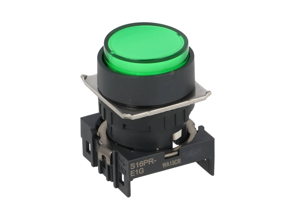S16PR-E1G — BOTON PULSADOR 16mm, NO ILUMINADO VERDE, REDONDO SIN CONTACTO INCLUIDO 