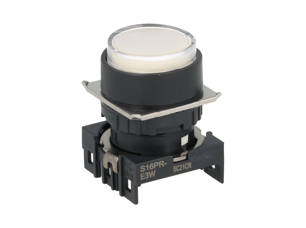 S16PR-E3W — BOTON PULSADOR BLANCO 16mm, MOMENTANEO ILUMINADO, REDONDO SALIENTE
