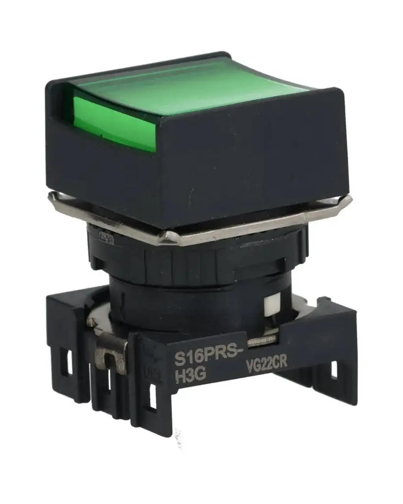 S16PRS-H3G — BOTON PULSADOR CUADRADO VERDE 16mm, ILUMINADO SIN CONTACTO Y LED INCLUIDO 