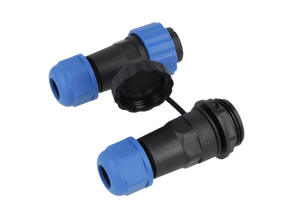 TP-SP20-S4P — CONECTORES EXTENSION/RECTO (PAR) 4PIN, IMPERMEABLES IP68, 25A/250VCA, DIAMETRO DE BARRENO 20mm, PIN COBRE CHAPEADO EN DORADO/PLATEADO