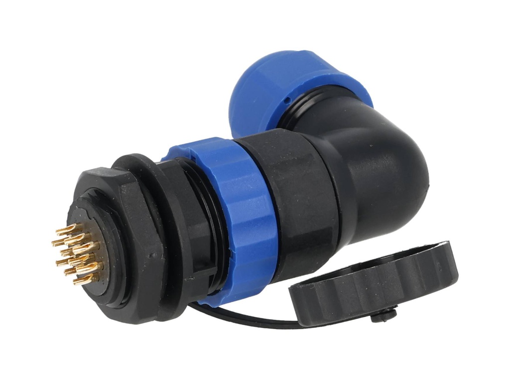 TP-SP20-AP10P — CONECTORES PANEL/ANGULO (PAR) 10PIN, IMPERMEABLES, IP68, 5A/250VCA, DIAMETRO DE BARRENO 20mm, PIN COBRE CHAPEADO EN DORADO/PLATEADO