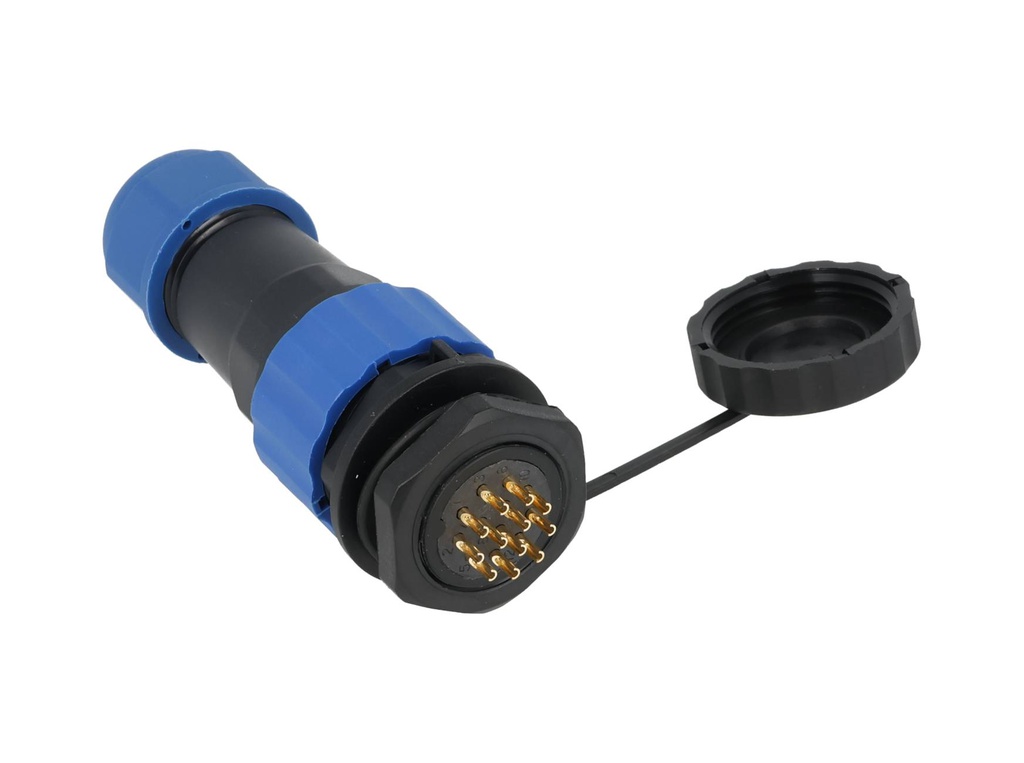 TP-SP20-SP12P — CONECTORES PANEL/RECTO (PAR) 12PIN, IMPERMEABLES, IP68, 5A/250VCA, DIAMETRO DE BARRENO 20mm, PIN COBRE CHAPEADO EN DORADO/PLATEADO