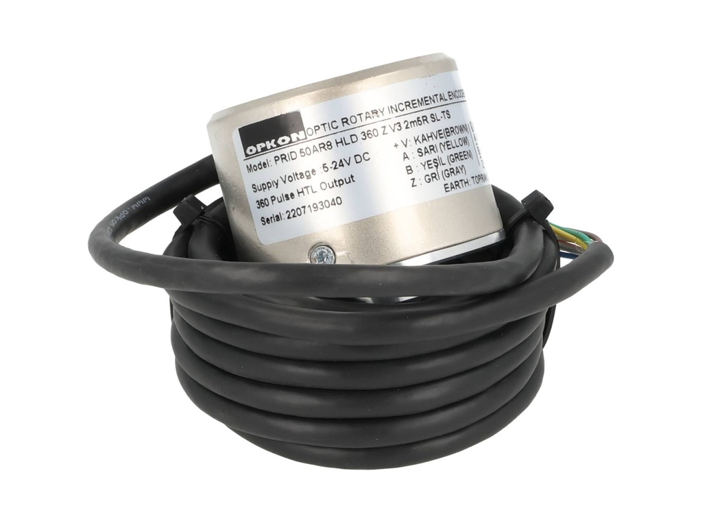 PRID50-360 — ENCODER INCREMENTAL F8mm, 360PPR, D50mm, SALIDA LINEAR DRIVER, ALIMENTACION 5-24VCD, SALIDAS A, B, Z Y ABZ INVERTIDAS, CUERPO ALUMINIO, CABLE 2.5 METROS 