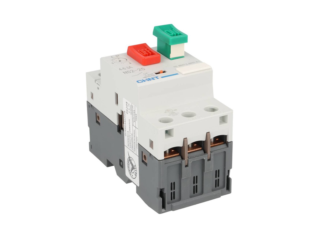 NS2-25-4-6.3A — GUARDAMOTOR PULSADOR DE 4-6.3A, 230/240, 400/415, 440, 500, 690V DE OPERACION, 100KA 230/240V DE RUPTURA GRADO III.