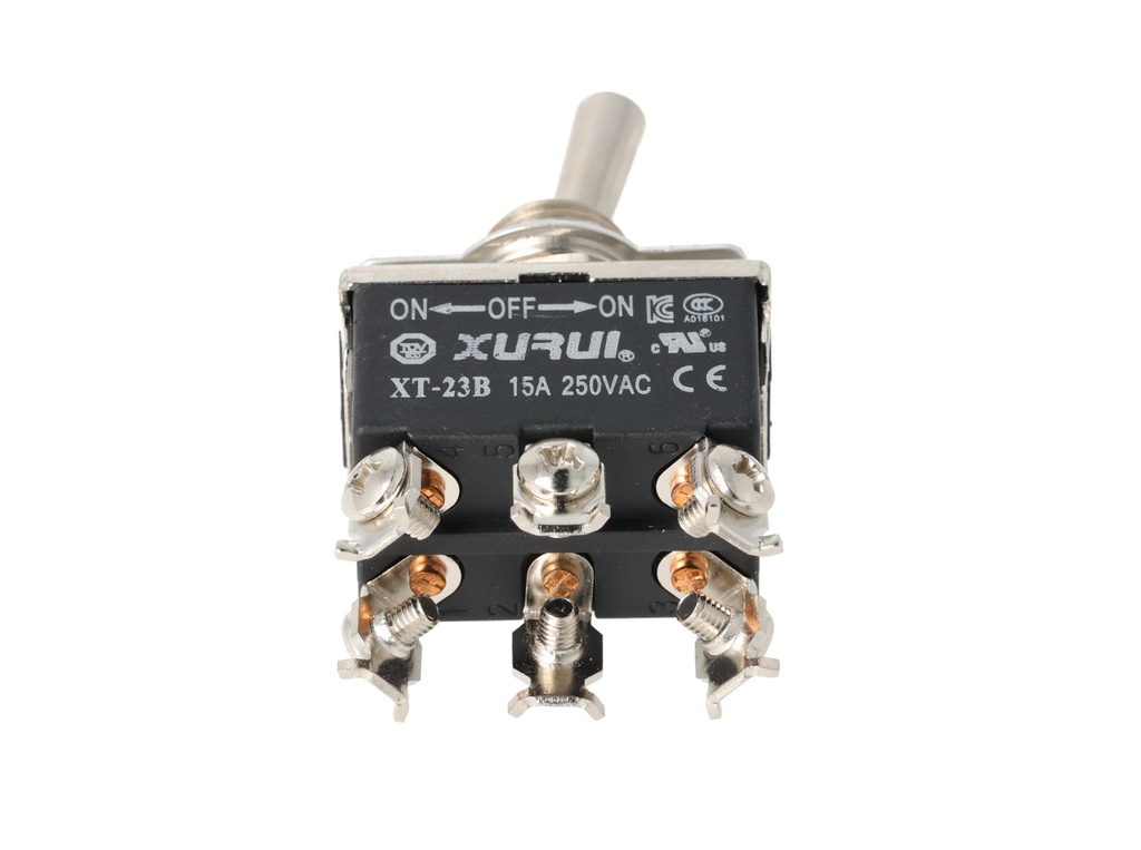 XT-23B — INTERRUPTORES DE PALANCA 6 TORNILLOS Posiciones: ON-OFF-ON Capacidad: 20/15A 125/277VAC 