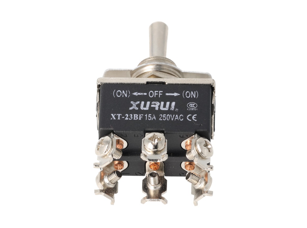 XT-23BF — INTERRUPTORES DE PALANCA 6 TORNILLOS Posiciones: PULS-OFF-PULS Capacidad: 20/15A 125/277VAC 