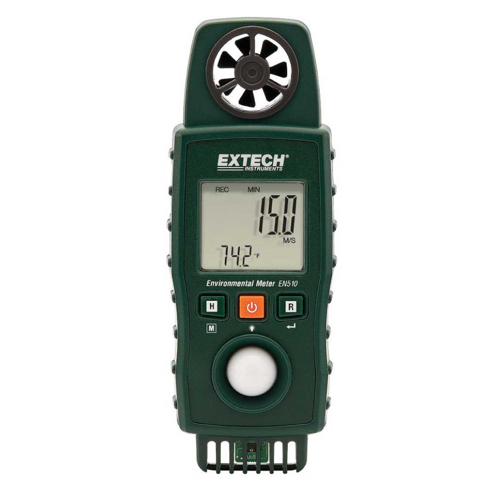 EN510 — MEDIDOR DE AMBIENTE 10 EN 1, VELOCIDAD DE AIRE, FLUJO DE AIRE, TEMP., TEMP. TIPO K, INDICE DE CALOR, HUMEDAD, BULBO HÚMERO, PUNTO DE CONDENSACION, SENS. TERMICA, NIVEL DE LUZ