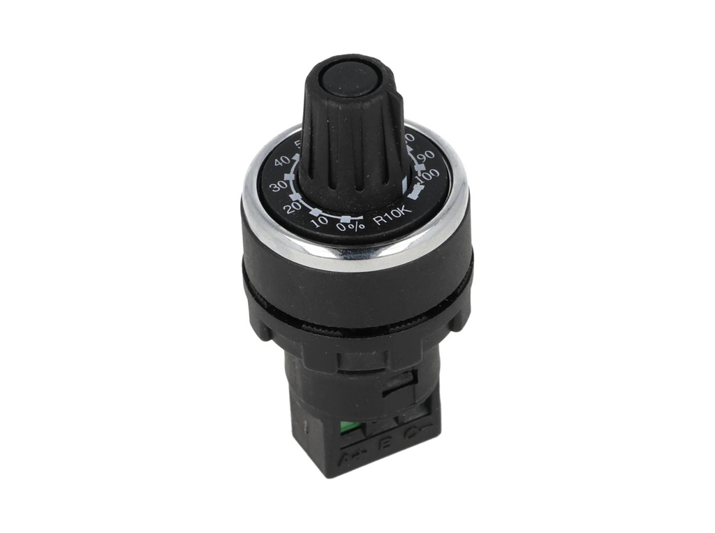 BPR10K — POTENCIOMETRO 22mm 10K OHMS 1.5WATTS CON PERILLA GRADUADA, TOLERANCIA 10%, RESISTENCIA DE AISLAMIENTO MIN 10M OHMS (500 VCD) 12.20MA