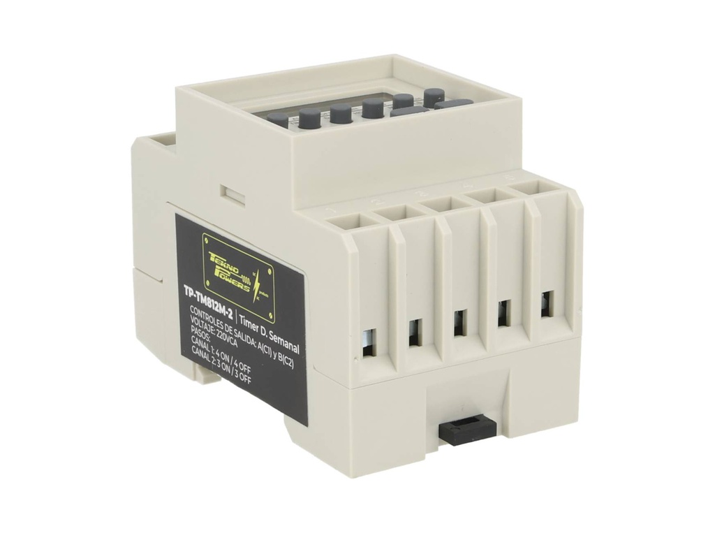 TP-TM812M-2 — TIMER D SEMANAL, 220VCA, 2 CANALES, 4/ON-OFF, 3/ON-OFF, 15AMP.BAT.RESP.38H, DIN RIEL