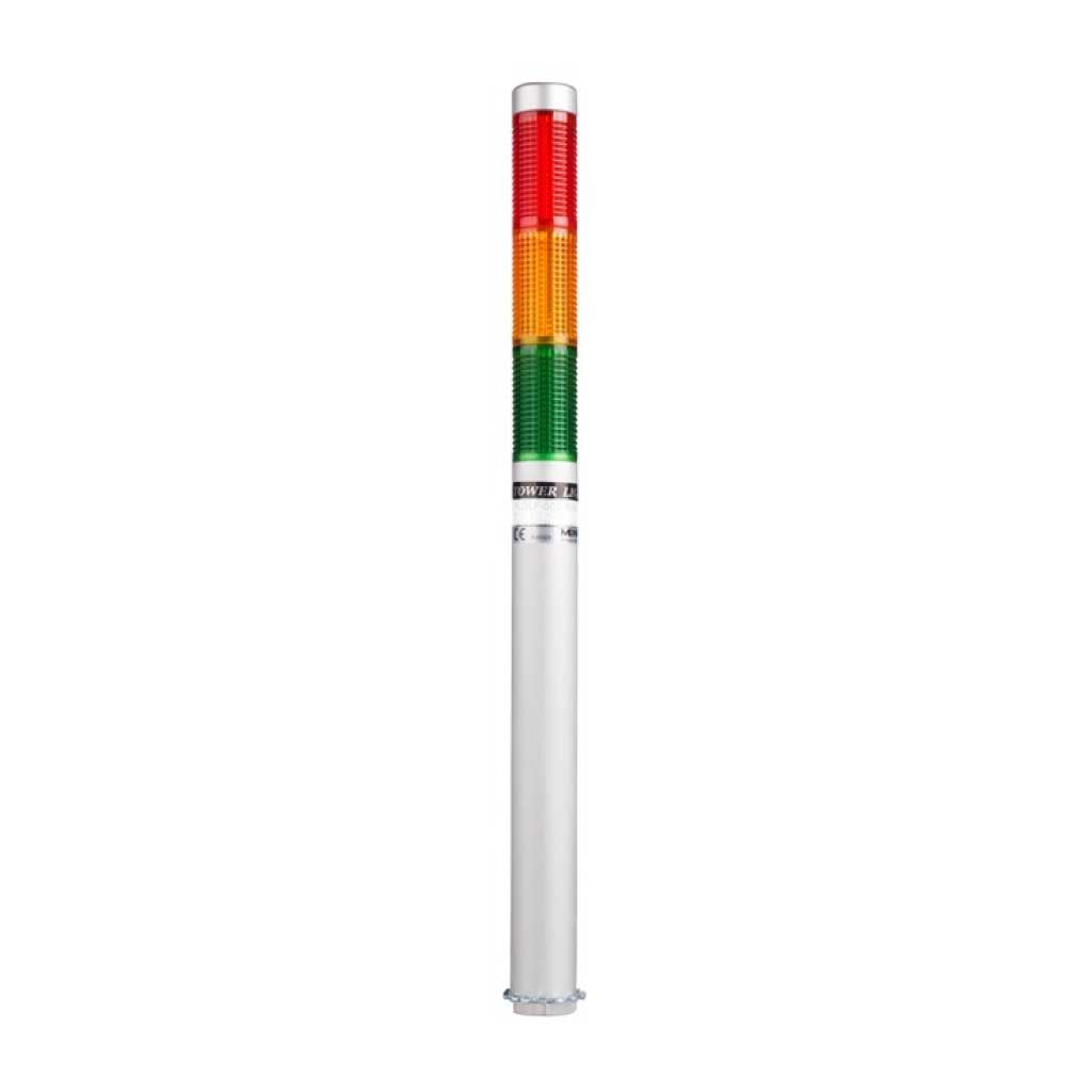 PLDLF-302-RYG — TORRETA IND CON LED 25mm FLASH 24VCA/CD ROJO/AMARILLO/VERDE POSTE 200mm