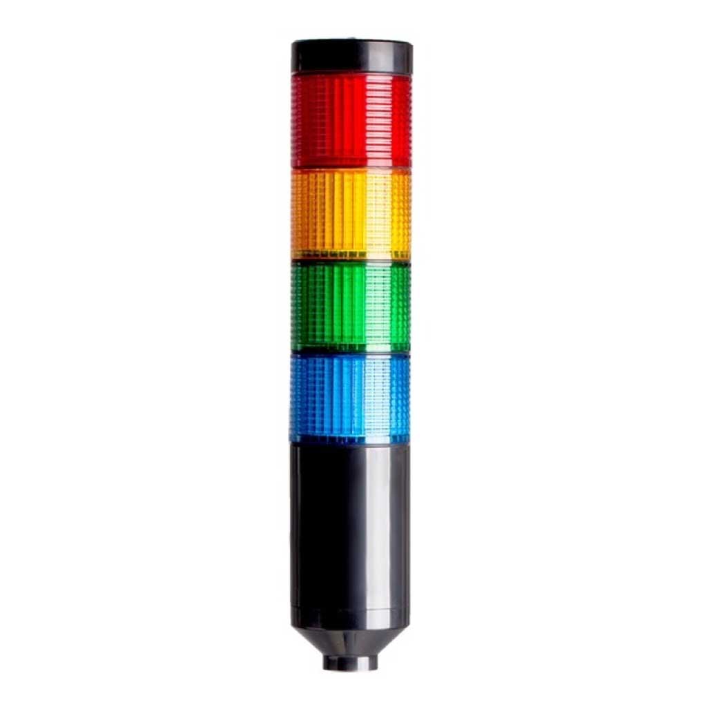 PTE-AF-4FF-RYGBB — TORRETA INDUSTRIAL 90-240VCA 56mm 4 COLORES ROJO, AMARILLO, VERDE Y AZUL, CUERPO NEGRO