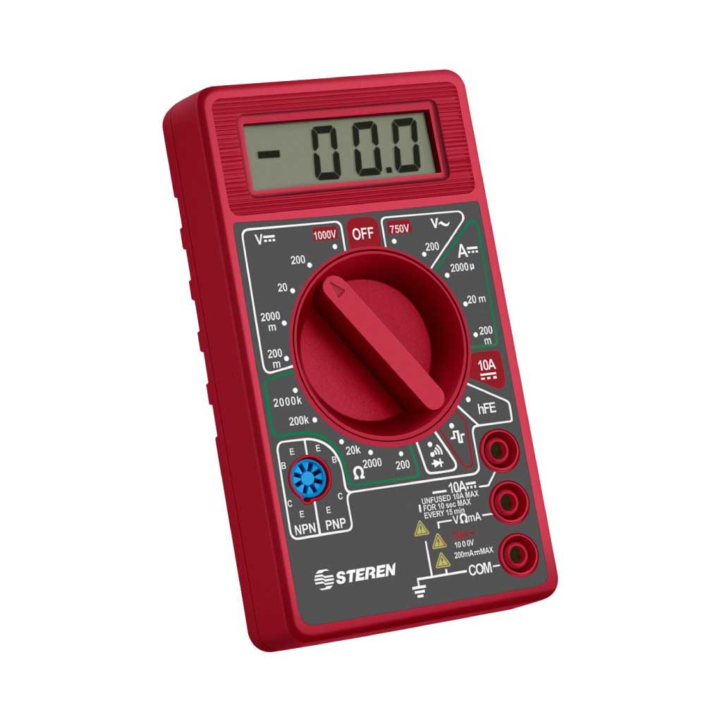 MUL-005 — MULTIMETRO DIGITAL ECONOMICO COLOR ROJOTRANSISTOR, DIODO, SE?AL ELECTRONICA