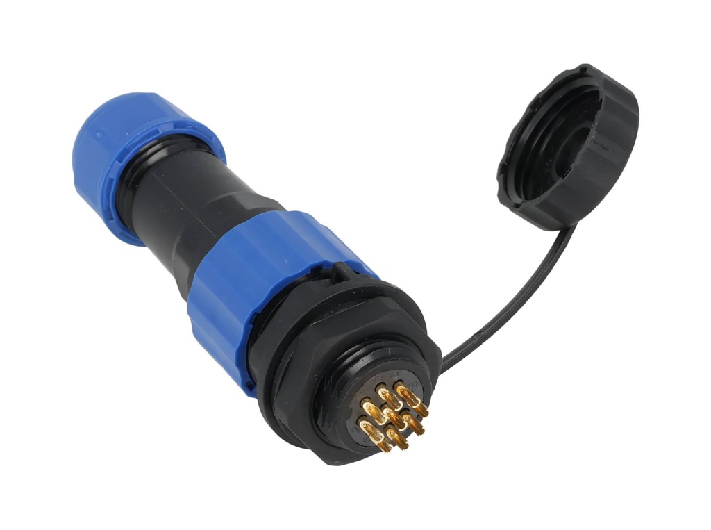 TP-SP16-SP9P — CONECTORES PANEL/RECTO (PAR) 9 PIN IMPERMEABLES IP68, 5A/250VCA, DIAMETRO DE BARRENO 16mm PIN COBRE CHAPEADO EN DORADO/PLATEADO