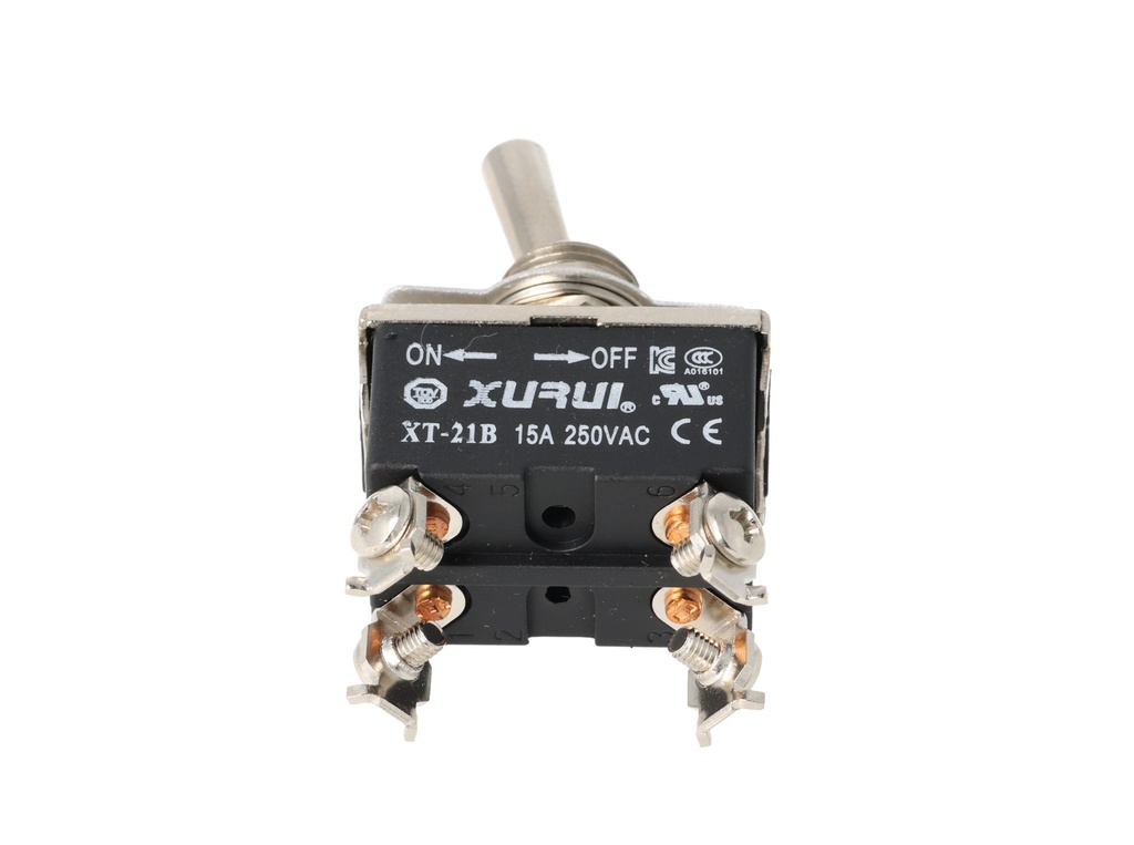 XT-21B — INTERRUPTORES DE PALANCA 4 TORNILLOS, Número de polos: 2  Posiciones: ON-OFF  Capacidad: 20/15A  125/277VAC 2HP 125/277VAC 1.5HP   125/277VAC para un pulso momentaneo Tornillos: 4  Montaje: Diametro 12mm  Certificados: UL1054