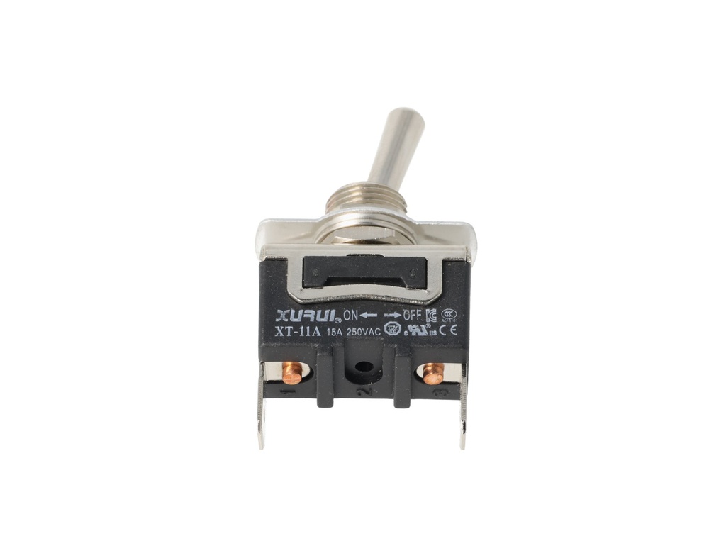 XT-11A — INTERRUPTOR DE PALANCA 2 TERMINALES, Número de polos: 1  Posiciones: ON-OFF  Capacidad: 20/15A  125/277VAC   2HP 125/277VAC 1.5HP   125/277VAC para un pulso momentaneo  Terminales: 2 lenguetas de 6.3mm  Montaje: Diametro 12mm