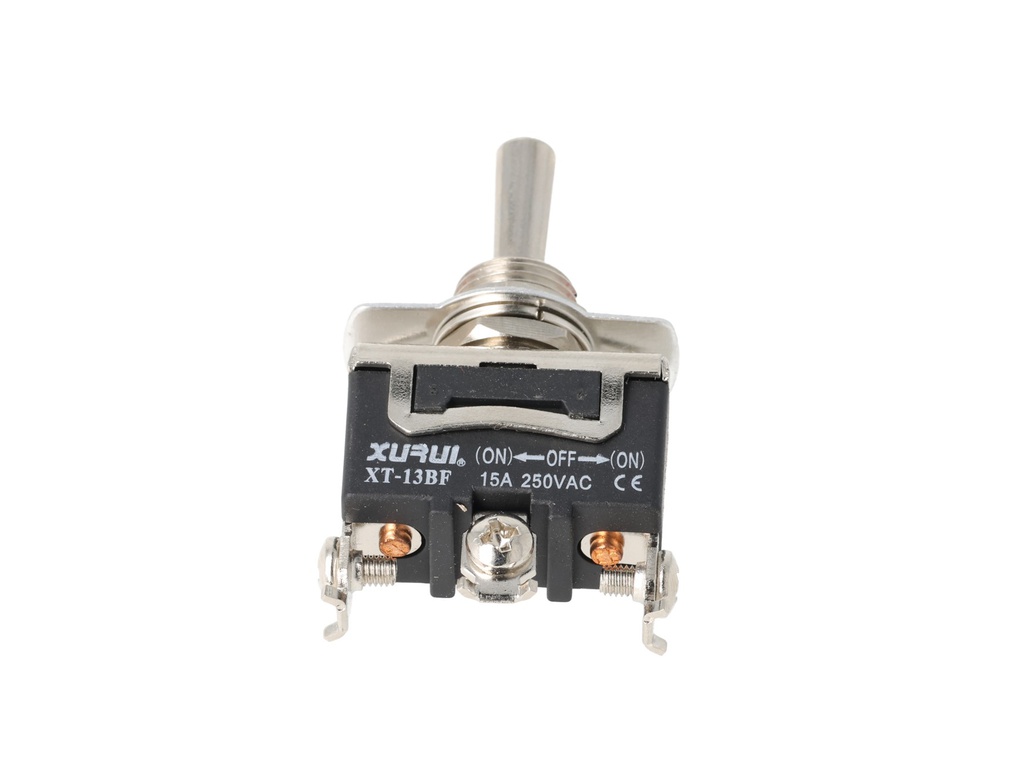 XT-13BF — INTERRUPTORES DE PALANCA C/ TORNILLOS, Número de polos: 1  Posiciones: PULS-OFF-PULS  Capacidad: 20/15A  125/277VAC  2HP 125/277VAC  1.5HP   125/277VAC para un pulso momentaneo Tornillos: 3  Montaje: Diametro 12mm