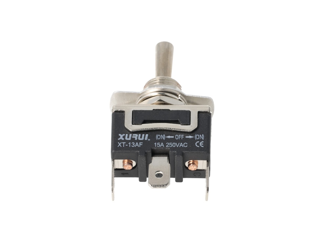 XT-13AF — INTERRUPTORES DE PALANCA 3 TERMINALES, Número de polos: 1  Posiciones: PULS-OFF-PULS  Capacidad: 20/15A  125/277VAC  2HP 125/277VAC 1.5HP   125/277VAC para un pulso momentaneo Terminales: 3 lenguetas de 6.3mm  Montaje: Diametro 12mm