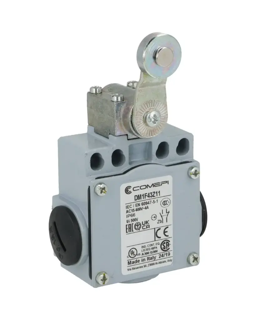 DM1-F43Z11 — MICROSWITCH DE FINAL DE CARRERA  PALANCA, Y ROLDANA METALICA 1NA+1NC, 24V/10A, 120V/6A, 230V/3.1A, 240V/3A