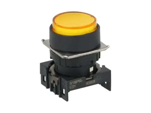 [S16PR-E3Y] S16PR-E3Y — BOTON PULSADOR AMARILLO 16mm, MOMENTANEO, ILUMINADO, REDONDO SALIENTE