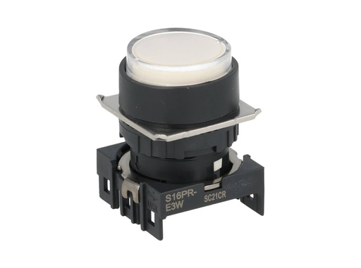 [S16PR-E3W] S16PR-E3W — BOTON PULSADOR BLANCO 16mm, MOMENTANEO ILUMINADO, REDONDO SALIENTE