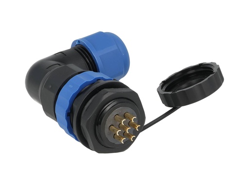 [TP-SP20-AP7P] TP-SP20-AP7P — CONECTORES PANEL/ANGULO (PAR) 7PIN, IMPERMEABLES, IP68, 10A/250VCA, DIAMETRO DE BARRENO 20mm, PIN COBRE CHAPEADO EN DORADO/PLATEADO