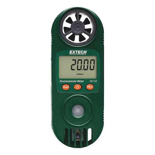 [EN150] EN150 — MEDIDOR AMBIENTAL 11 EN 1, UV/ VELOCIDADDEL AIRE, FLUJO DE AIRE, TEMPERATURA, HUMEDAD, BULBO HUMESTADO, PUNTO DE ROCIO, INDICE DE CALOR, SENSACION TERMICA, PRESION BAROMETRICA Y ALTITUD.