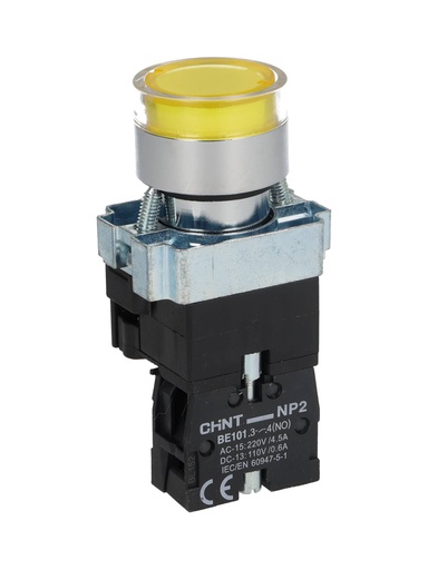 [NP2-BW3561Y] NP2-BW3561Y — PULSADOR METALICO 2 TORNILLOS UL LED AMARILLO, NA 230V BASE METALICA ø22mm IP40 *NO SON A PRUEBA DE EXPLOSION*