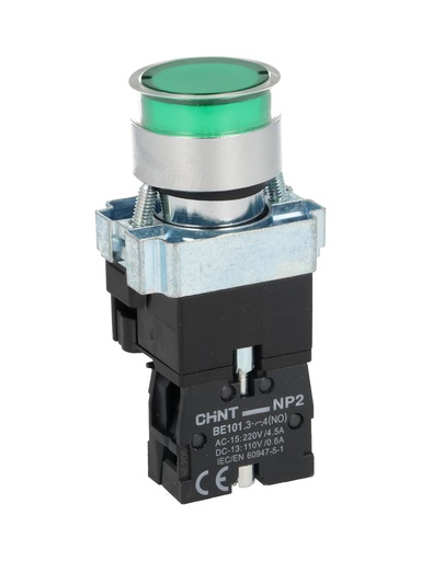 [NP2-BW3462G] NP2-BW3462G — PULSADOR METALICO 2 TORNILLOS UL LED VERDE, NA 230V BASE METALICA ø22mm IP40 *NO SON A PRUEBA DE EXPLOSION*