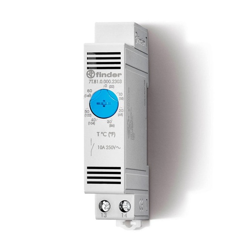 [7T8100002303] 7T8100002303 — TERMOSTATO 0-60°C 1 NA 10A MONTAJE RIEL DIN 110/220VCA