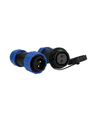 [TP-SP20-S2P] TP-SP20-S2P — CONECTORES EXTENSION/RECTO (PAR) 2PIN, IMPERMEABLES IP68, 25A/250VCA, DIAMETRO DE BARRENO 20mm, PIN COBRE CHAPEADO EN DORADO/PLATEADO