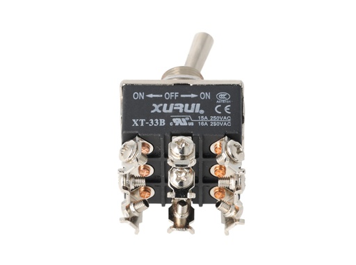[XT-33B] XT-33B — INTERRUPTORES DE PALANCA 9 TORNILLOS, Número de polos: 3  Posiciones: ON-OFF-ON  Capacidad: 20/15A  125/277VAC  2HP 125/277VAC 1.5HP   125/277VAC para un pulso momentaneo Montaje: Diametro 12mm Certificados: UL1054    E200089
