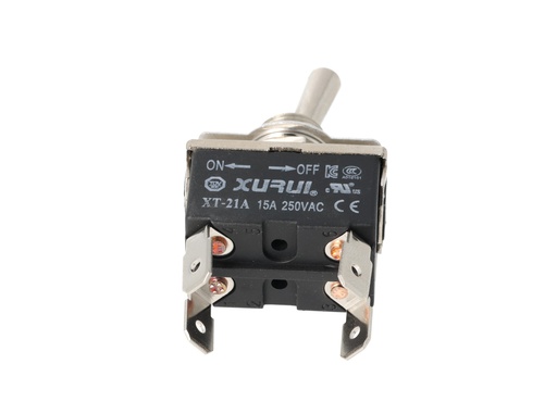 [XT-21A] XT-21A — INTERRUPTORES DE PALANCA 4 TERMINALES, Número de polos: 2  Posiciones: ON-OFF  Capacidad: 20/15A  125/277VAC 2HP 125/277VAC 1.5HP   125/277VAC para un pulso momentaneo Terminales: 4 lenguetas de 6.3mm Montaje: Diametro 12mm Certificados: UL1054    E200089