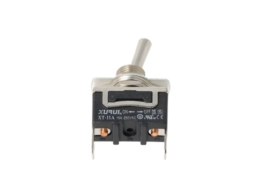 [XT-11A] XT-11A — INTERRUPTOR DE PALANCA 2 TERMINALES, Número de polos: 1  Posiciones: ON-OFF  Capacidad: 20/15A  125/277VAC   2HP 125/277VAC 1.5HP   125/277VAC para un pulso momentaneo  Terminales: 2 lenguetas de 6.3mm  Montaje: Diametro 12mm