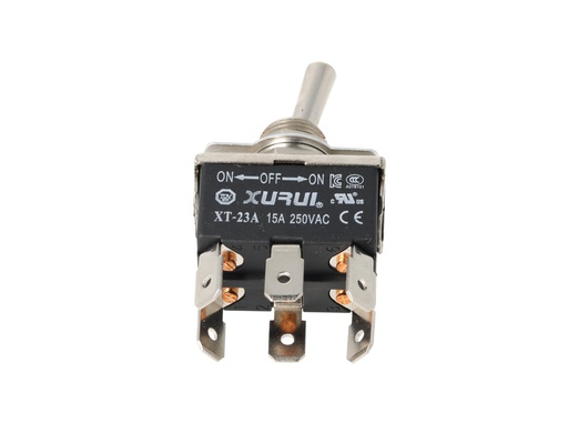 [XT-23A] XT-23A — INTERRUPTORES DE PALANCA 6 TERMINALES, Número de polos: 2  Posiciones: ON-OFF-ON  Capacidad: 20/15A  125/277VAC  2HP 125/277VAC1.5HP   125/277VAC para un pulso momentaneo Terminales: 6 lenguetas de 6.3mm  Montaje: Diametro 12mm  Certificados: UL1054    E200089