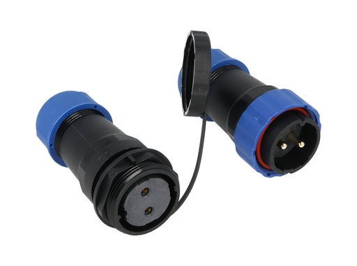 [TP-SP28-S2P] TP-SP28-S2P — CONECTORES EXTENCIÓN RECTO (PAR) 2 PIN IMPERMEABLES IP68, 45A / 250VCA DIÁMETRO DE BARRENO 28MM, PIN COBRE CHAPEADO EN DORADO/PLATEADO