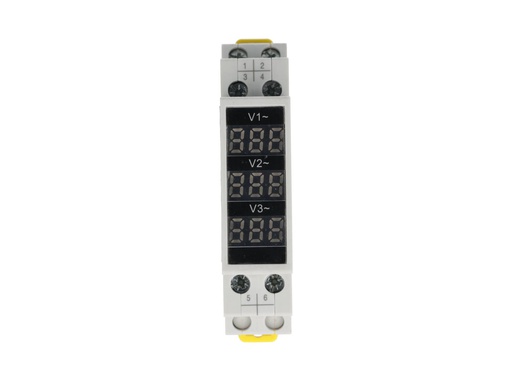 [TP-D52-500/3A] TP-D52-500/3A – VOLTIMETRO DIGITAL TRIFÁSICO 80-500VCA, MONTAJE EN RIEL DIN 18X81X66MM
